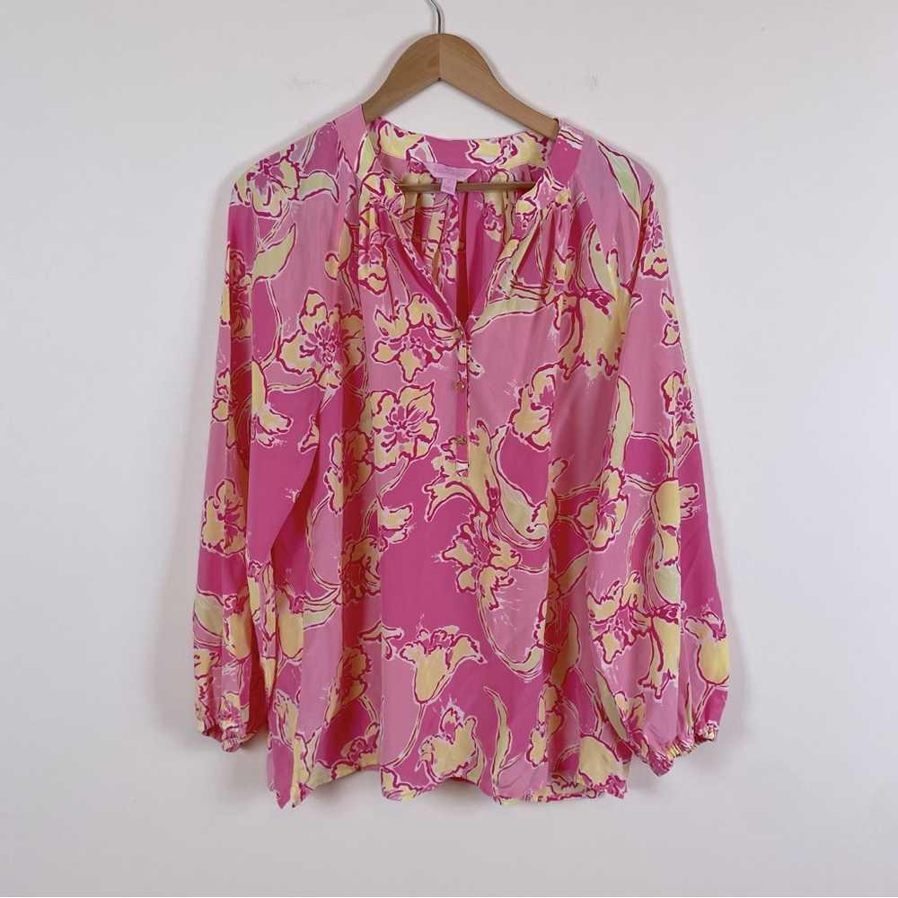 Lilly Pulitzer Elsa Silk Top Pintucks in Hotty Pink Day Lilly